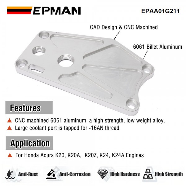 epaa01g211_3-1.jpg EPMAN Billet Aluminum K-series Water Pump Block Off Plate /-10 Breather Port For Honda Acura K20 K24 Engines EPAA01G211