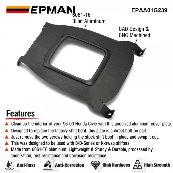 epaa01g239_4-1.jpg EPMAN Racing Aluminum Center Shifter Cover Console Plate Shift Boot Delete For Honda 96-00 Civic EK EPAA01G239