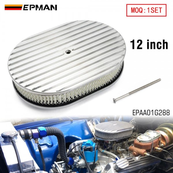 epaa01g288_1-1.jpg EPMAN 12" Oval Polished Aluminum Full Finned Air Cleaner Assembly Fit Chevy Ford Mopar EPAA01G288