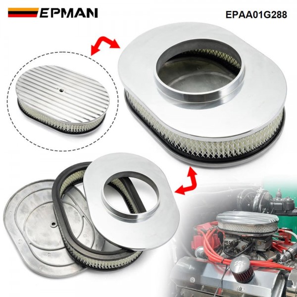 epaa01g288_3-1.jpg EPMAN 12" Oval Polished Aluminum Full Finned Air Cleaner Assembly Fit Chevy Ford Mopar EPAA01G288