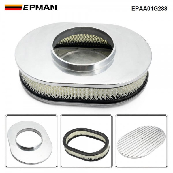 epaa01g288_4-1.jpg EPMAN 12" Oval Polished Aluminum Full Finned Air Cleaner Assembly Fit Chevy Ford Mopar EPAA01G288