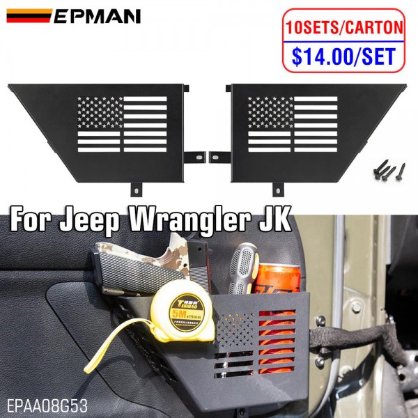 epaa08g53-10t_1-1.jpg EPMAN 10SETS/CARTON 2PCS/SET Black Aluminum Storage Tray Front Door Storage Pockets Organizer Boxs With US Flag Style For 2007-2018 Jeep Wrangler JK 2/4 Door EPAA08G53-10T
