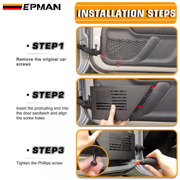 epaa08g53-10t_5-1.jpg EPMAN 10SETS/CARTON 2PCS/SET Black Aluminum Storage Tray Front Door Storage Pockets Organizer Boxs With US Flag Style For 2007-2018 Jeep Wrangler JK 2/4 Door EPAA08G53-10T