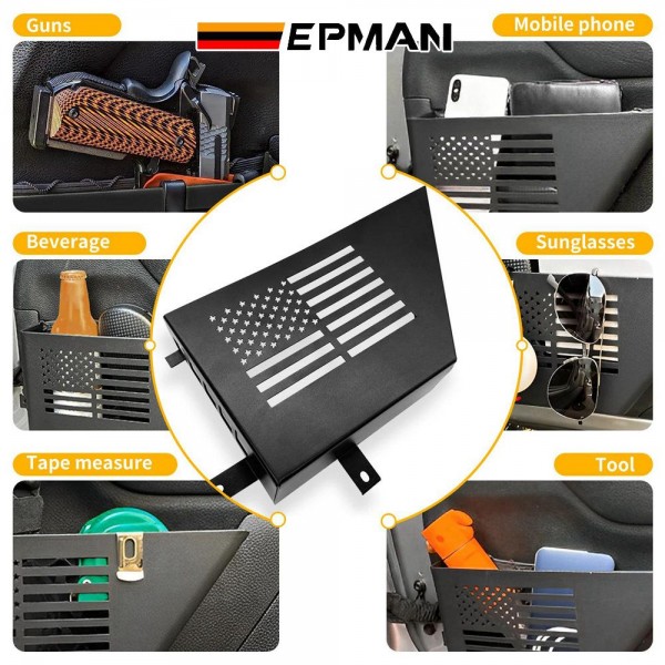 epaa08g53-10t_7-1.jpg EPMAN 10SETS/CARTON 2PCS/SET Black Aluminum Storage Tray Front Door Storage Pockets Organizer Boxs With US Flag Style For 2007-2018 Jeep Wrangler JK 2/4 Door EPAA08G53-10T