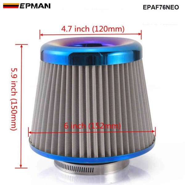 EPMAN Stainless Steel Engine Air Filter 3" Round Tapered Universal Cold Air Intake Cone Filter Burnt Blue EPAF76NEO