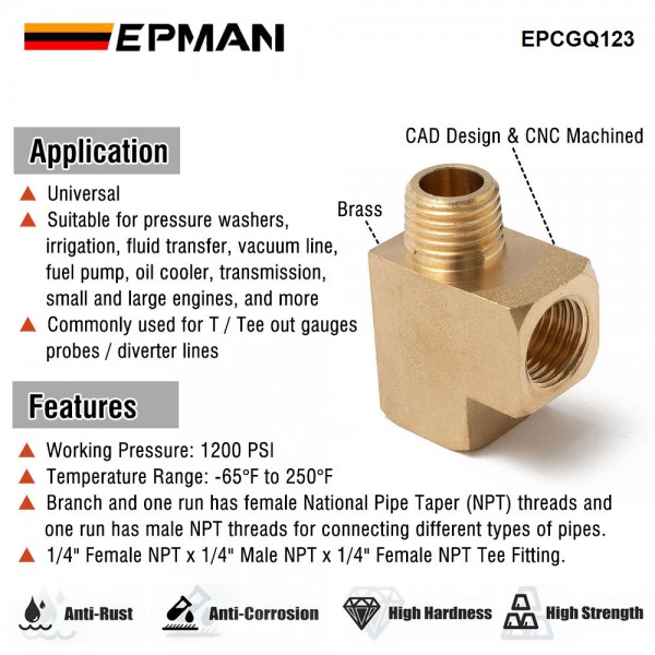 epcgq123_3-1.jpg EPMAN Extruded Barstock Street Tee T Female Male Brass Fitting 1/4 NPT Oil Water Gas Pipe/Tank EPCGQ123
