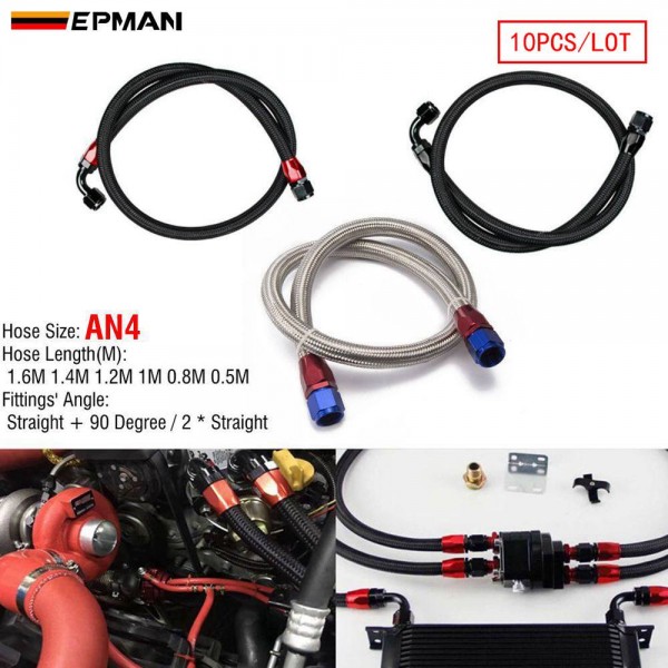 EPMAN 10PCS/LOT 55" 4AN Stainless Steel Braided Oil/Fuel Line w/ Fitting Hose End Adapter